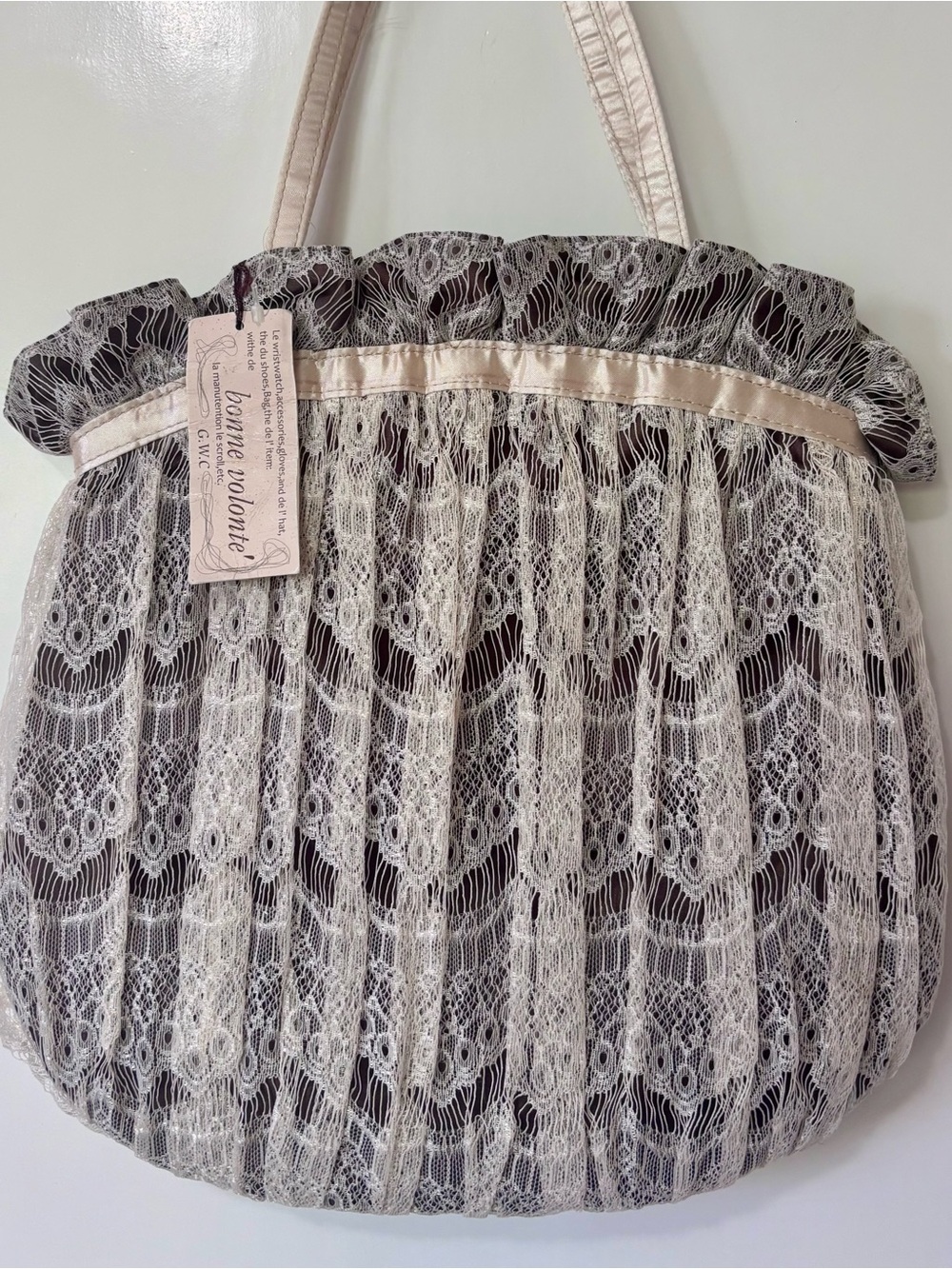 Bonne Volonte| NEW Feminine Cream & Taupe Lace Overlay Handbag w/Satin Trim NWT